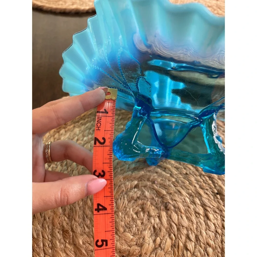 Vintage Blue Opalescent Glass Ruffled Footed Candy Dish Compote
